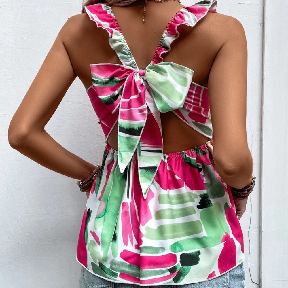 Boho Brush Print Smocked Ruffle Sleeve Tank top - Picture 2 of 8